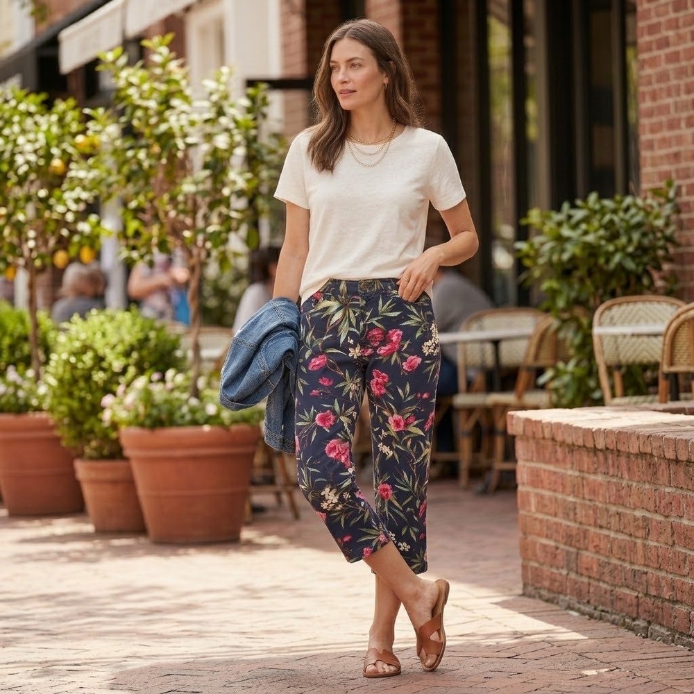 Lauren Ralph Lauren Floral Jeans Women Navy Pink Vintage 90s Cropped Pants 10